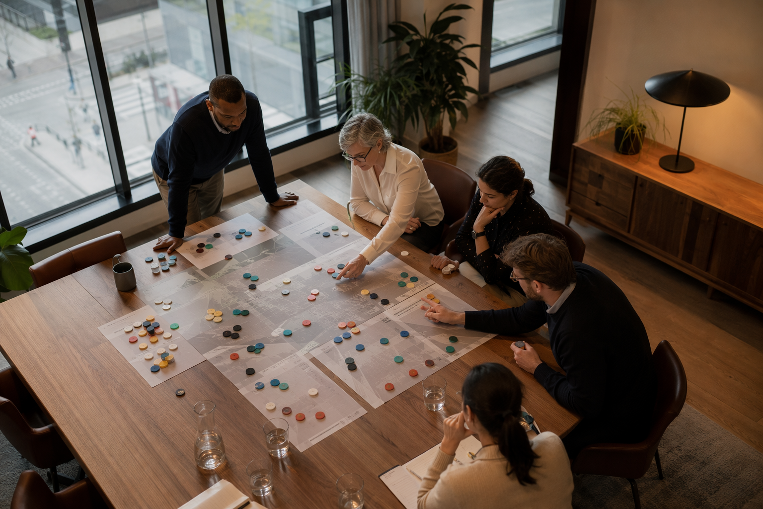 Banking compliance team meeting in a neutral boardroom, illustrating the relevance of red team exercises
