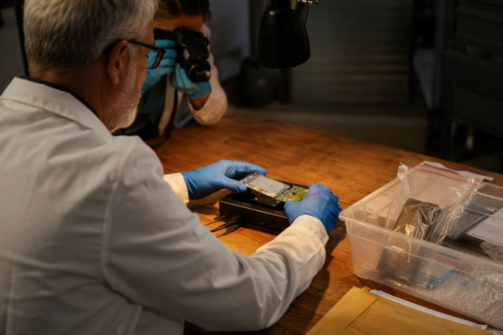 Forensic analyst creating disk images for cyber due diligence investigation