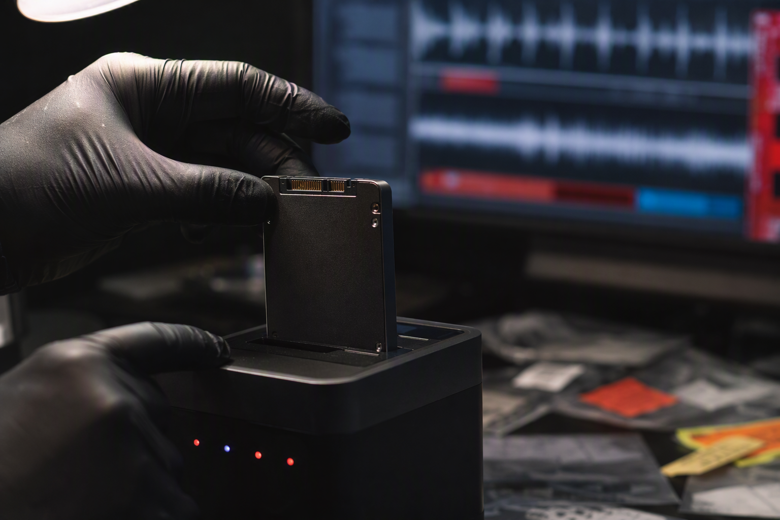 Close-up of gloved hands handling timestamped evidence drive for cyber due diligence
