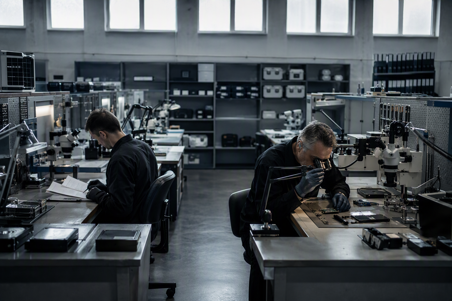 Forensic laboratory workbenches and senior examiner performing evidence review for cyber due diligence