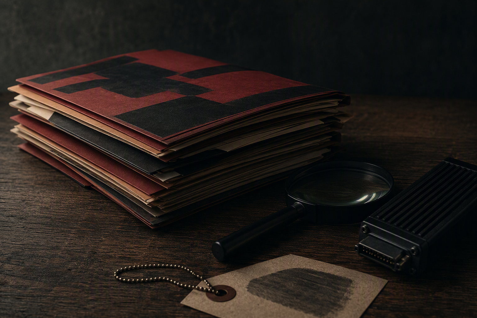 Sculptural still-life of redacted documents and forensic tools evoking cyber due diligence assessment