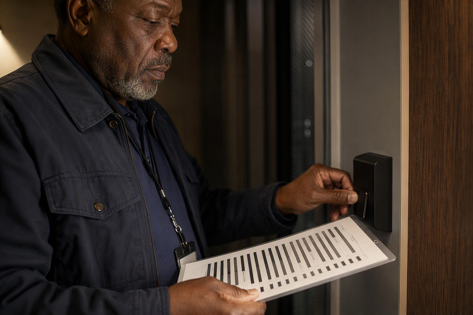 Facilities manager hands on access checklist and badge reader detail