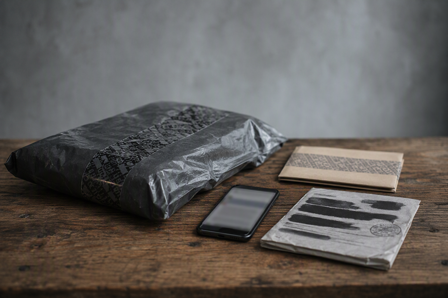 Still life of sealed comms and blurred device suggesting encrypted communication protocols