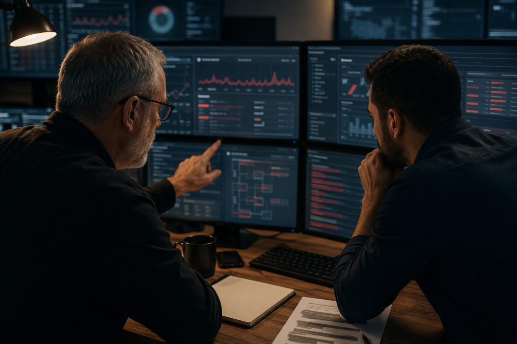 SOC analyst reviewing dashboards for managed siem service monitoring