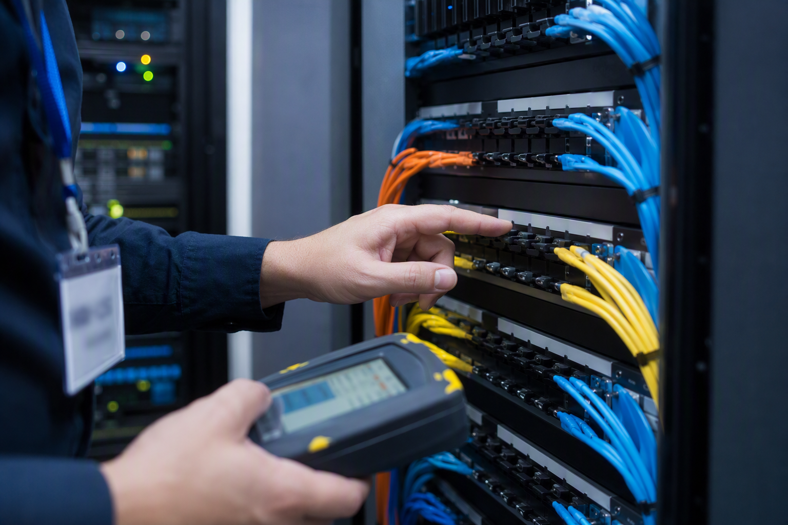 Close-up of network engineer inspecting server cabling and racks