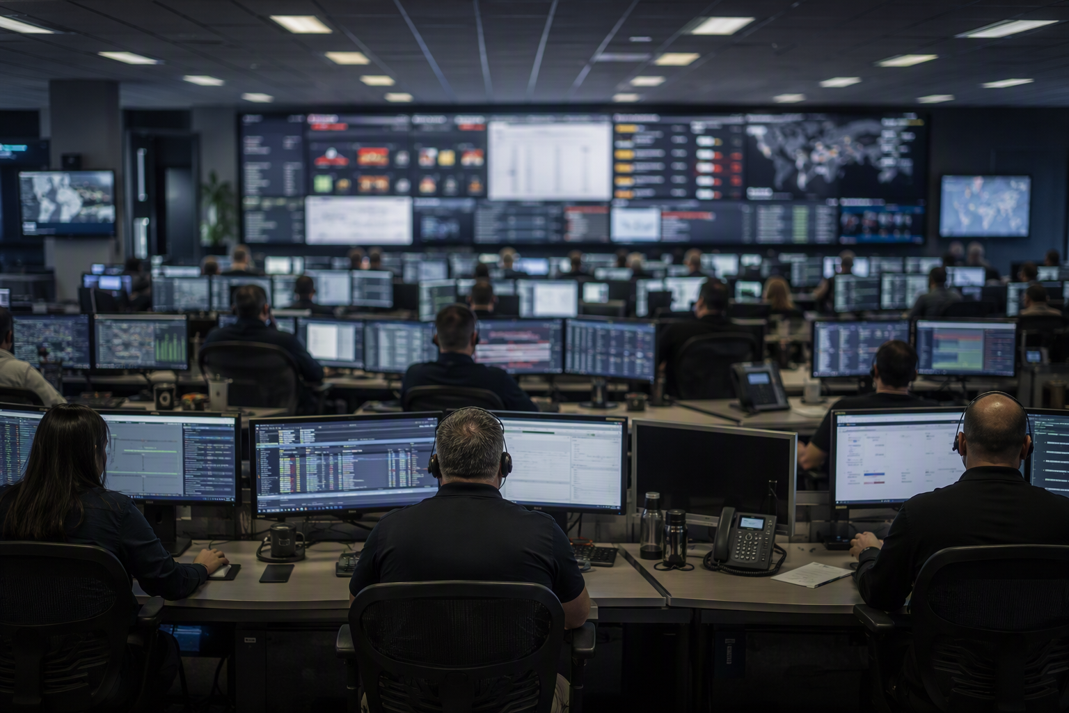 Wide SOC operations floor showing managed SIEM service monitoring environment