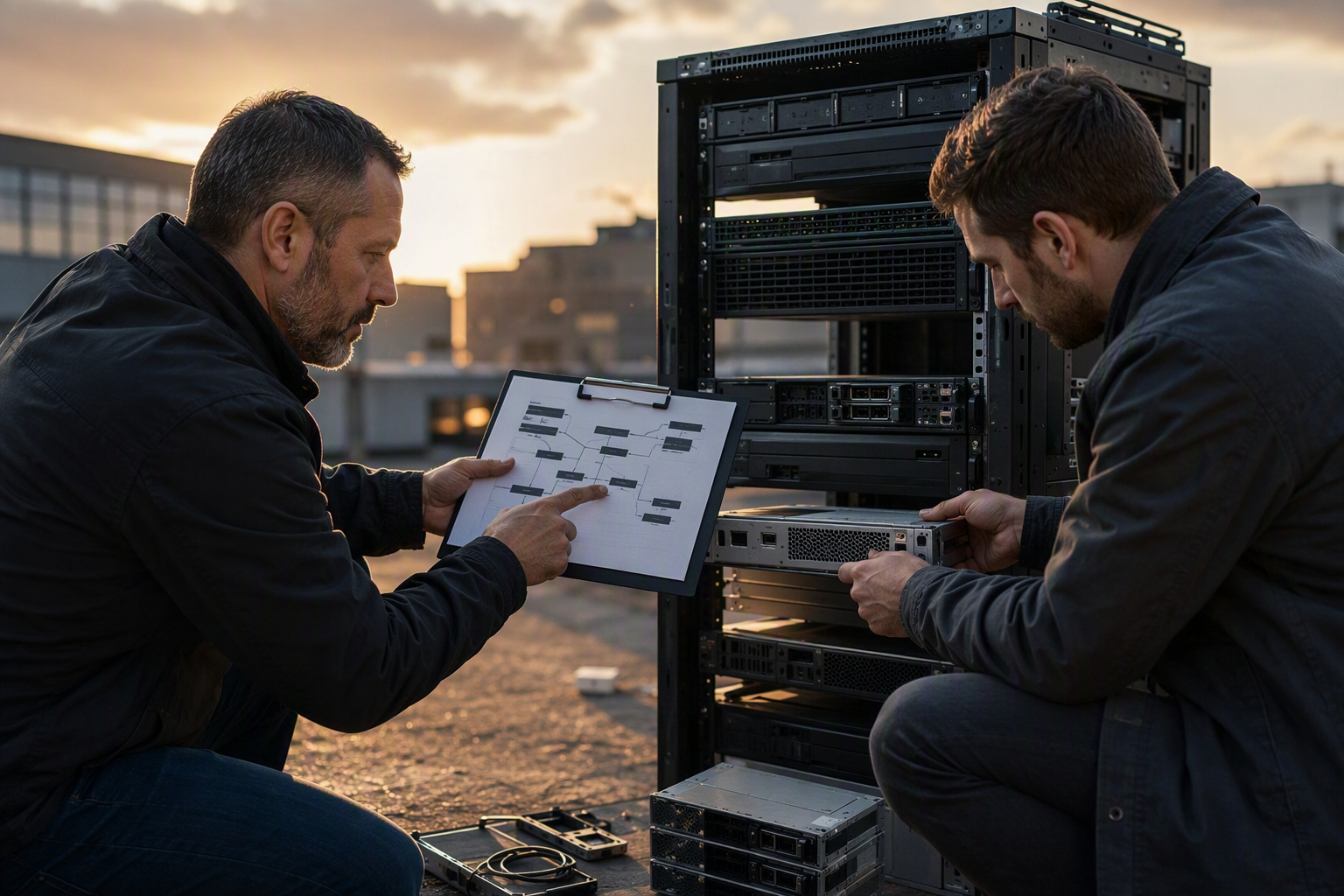 Systems integrators preparing deployment phases beside staging rack