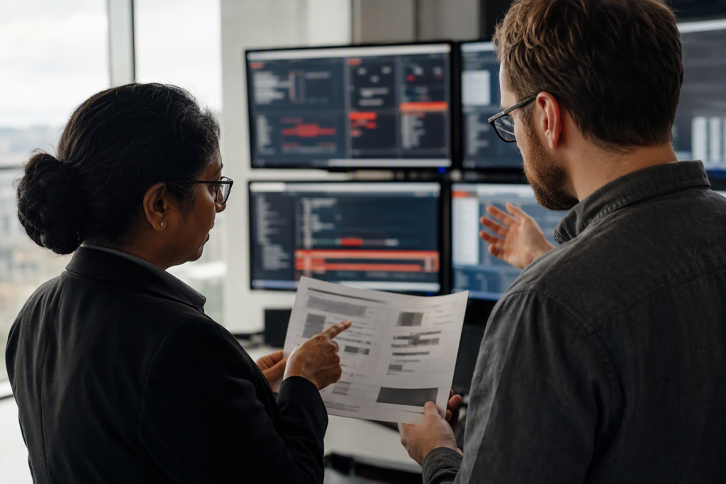 Two analysts triaging SOC alerts on multi-screen dashboards, cspm vs cloud security assessment