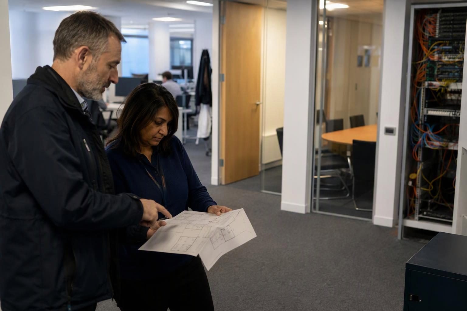 Security lead and facilities manager reviewing an office floor plan