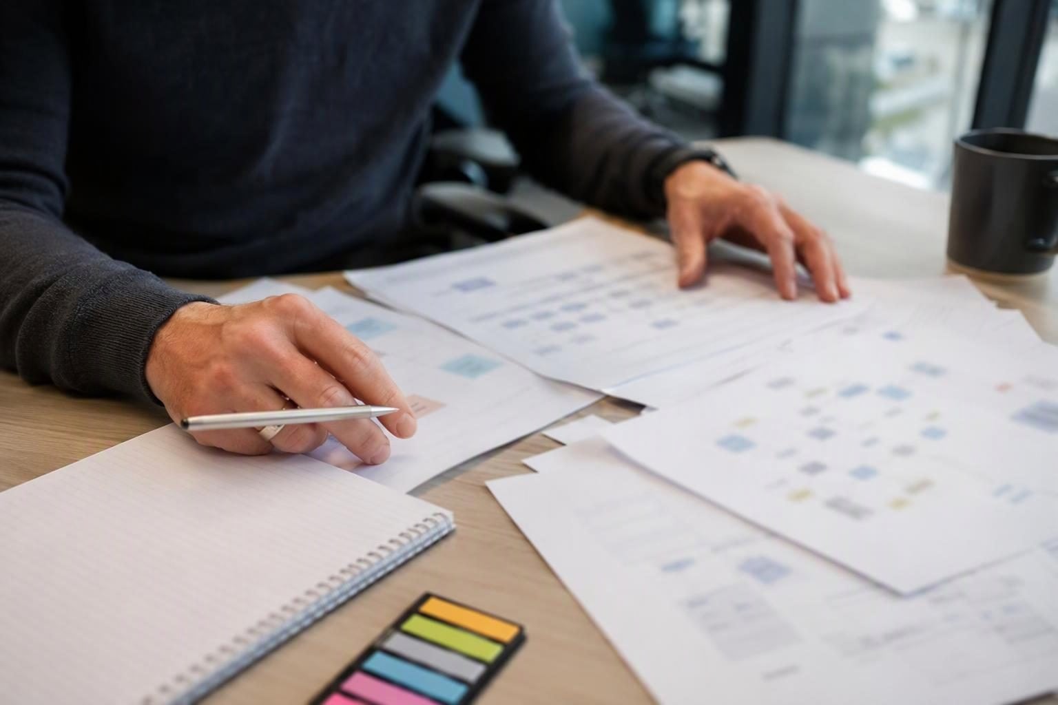 Consultant reviewing physical system diagrams and assessment notes