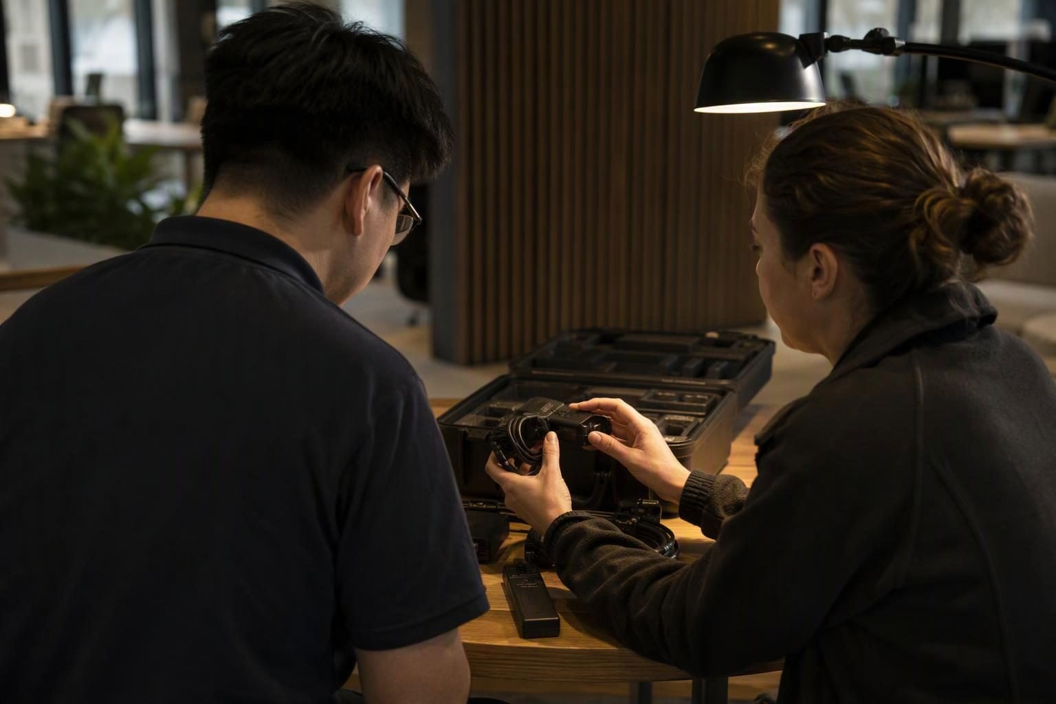 Specialist tester checking authorised equipment with a site representative
