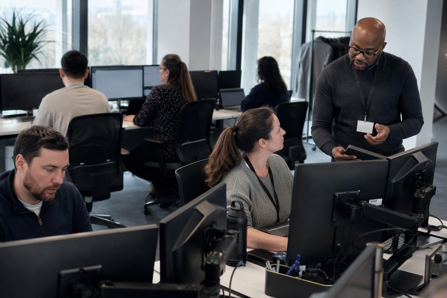 UK operations staff review devices and discuss an incident
