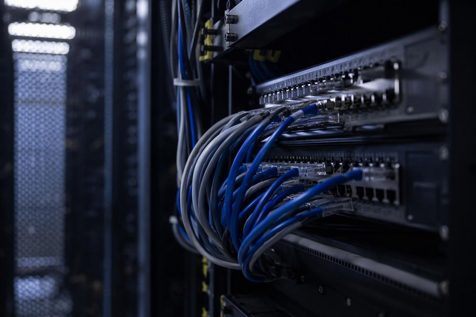 Network cables connected to a rack in a data centre