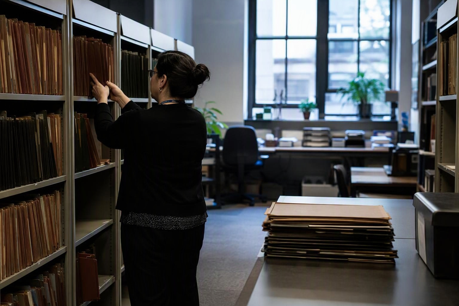 University records officer handling closed folders in an office
