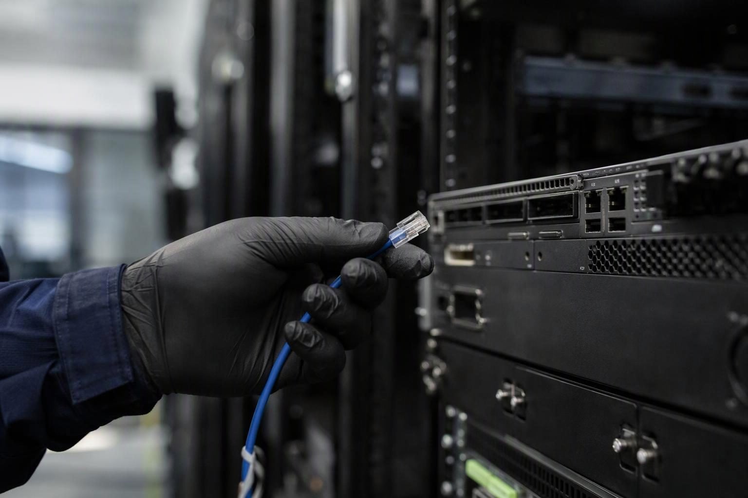 Engineer checks a disconnected network cable at an equipment port