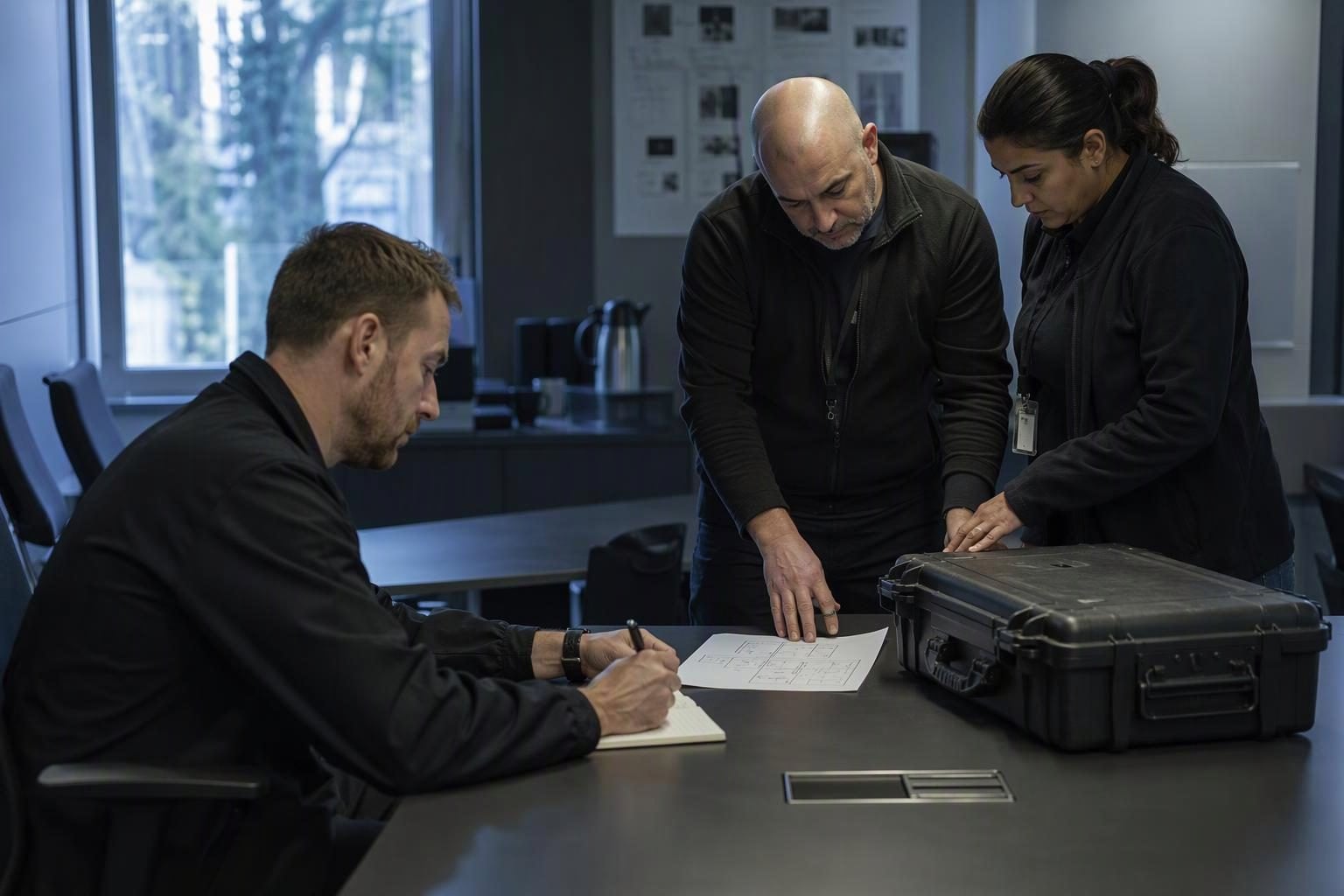 Security staff review a physical infrastructure diagram during incident response