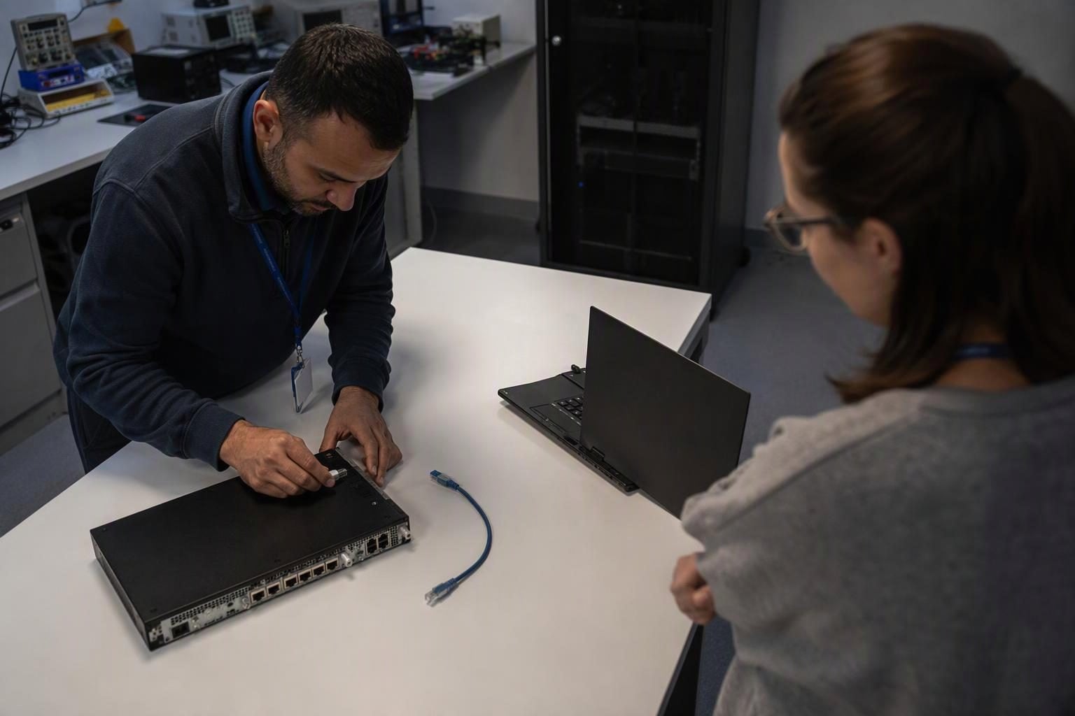Engineers test an isolated laptop beside a network appliance
