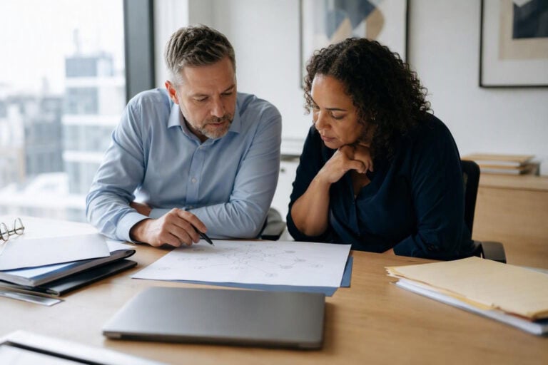 UK staff preparing an FCA operational resilience review at an office desk