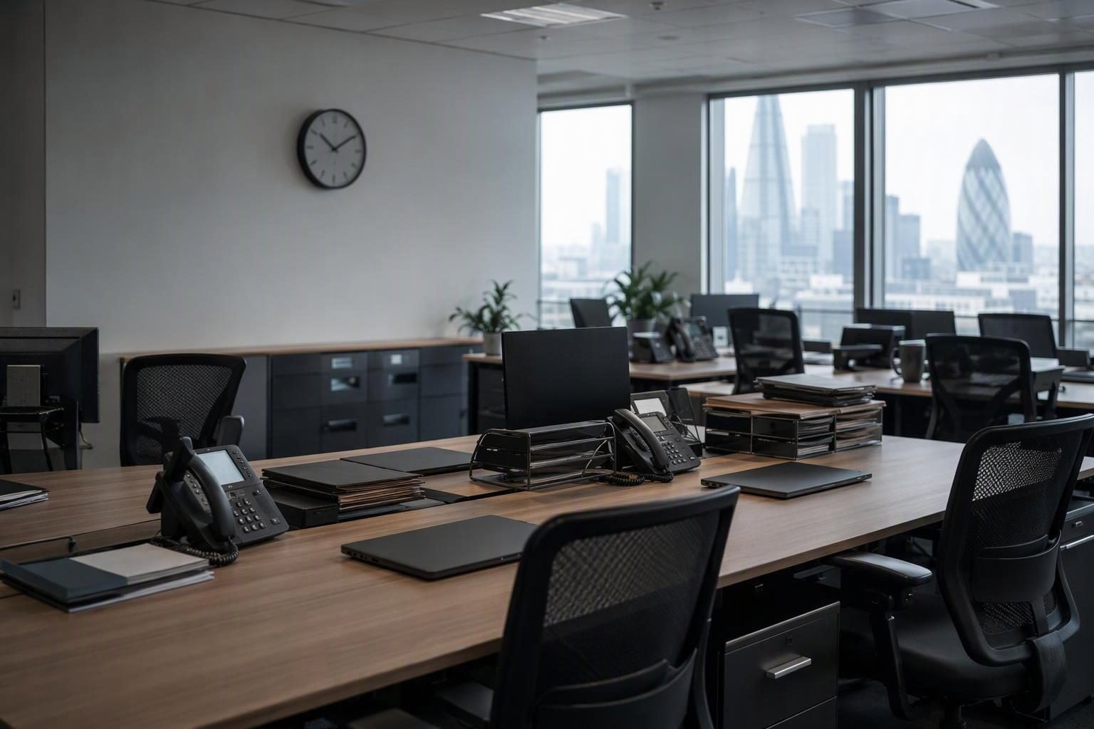 Empty operations room with desk phones and closed laptops