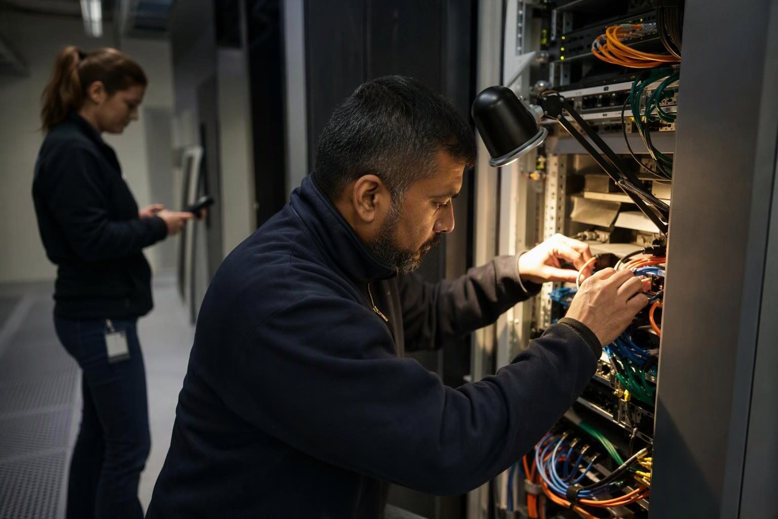 Engineers inspecting physical connections in a staffed data centre